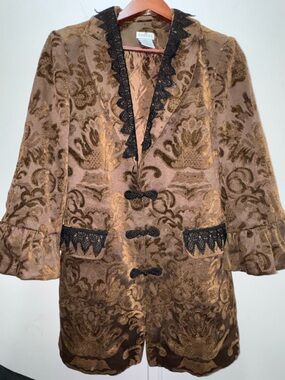 RARE Vintage George brown gold brocade jacket coat lace trim Mandarin closure 8